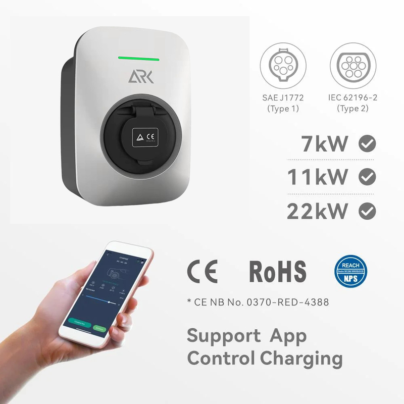 Single Phase Electric Vehicle Charging Wallbox 7.5kw IP54